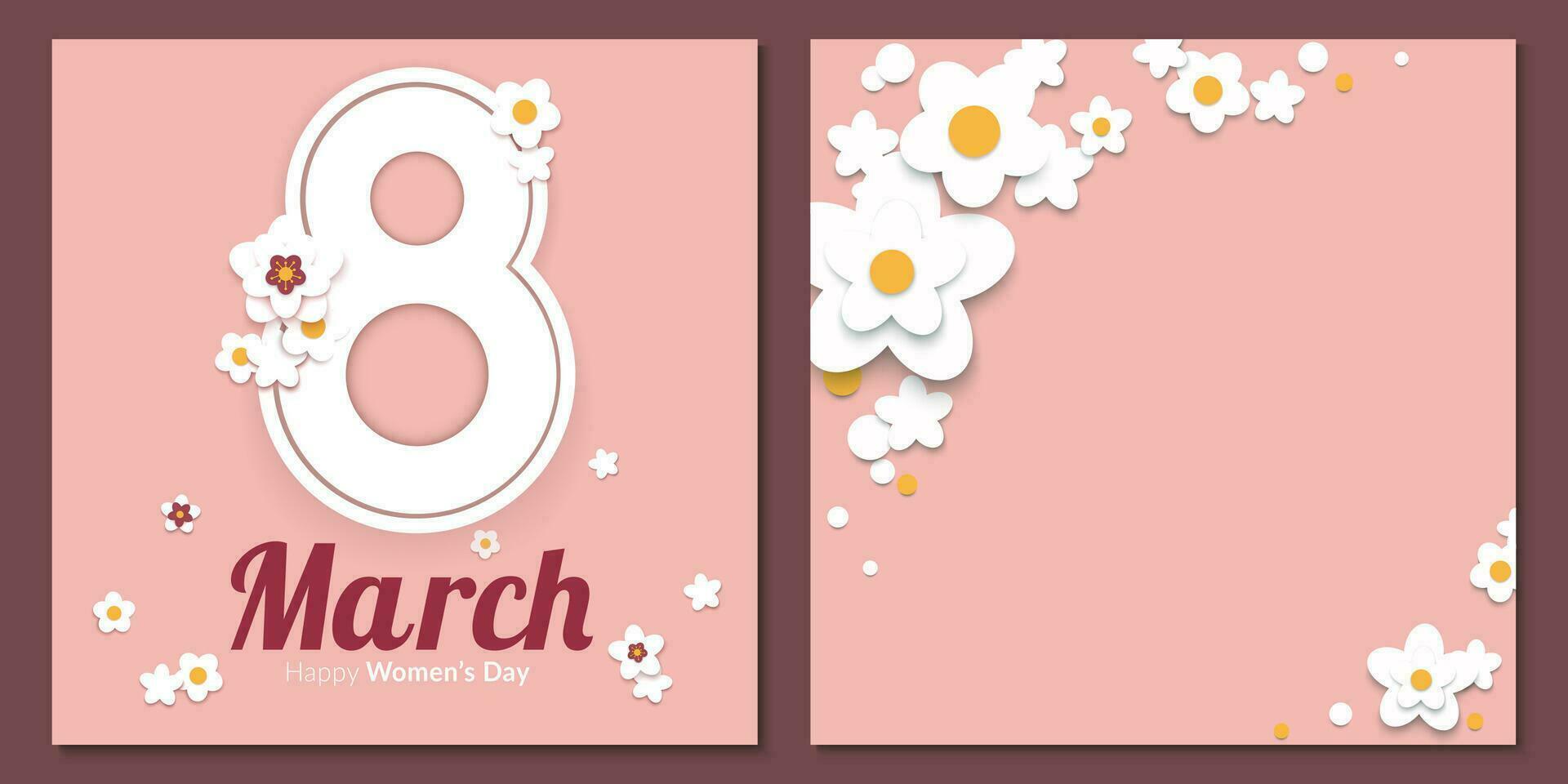 Papier Schnitt Blumen- Gruß Karten einstellen zum 8 März und Damen Tag. ein Rahmen mit Weiß Frühling blühen und groß acht Nummer auf blass Rosa Hintergrund. Vektor Illustration.
