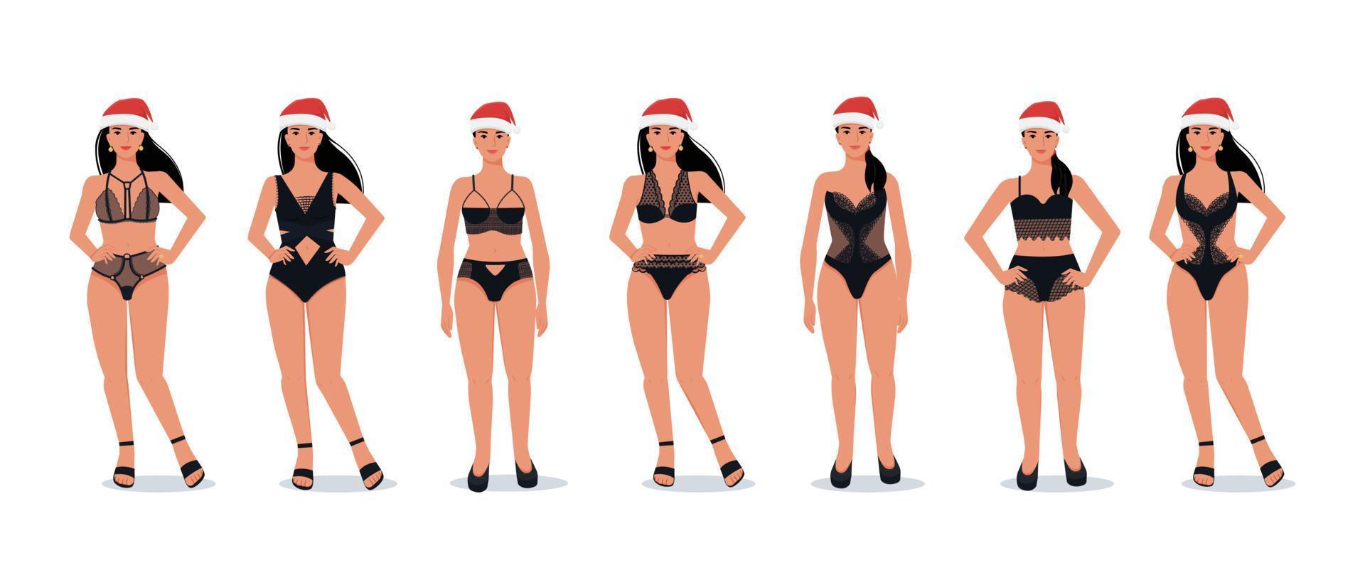 weibliches modell in schwarzer spitzenwäsche und weihnachtsmütze. Reihe von Mode-Dessous-Modellen. Vektor-Illustration vektor