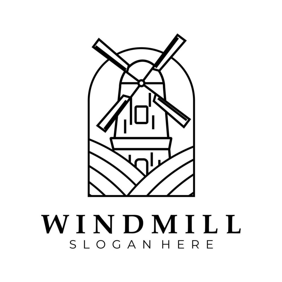 Windmühle Linie Kunst Emblem Logo Vektor Jahrgang Illustration Design, Bauernhaus Logo