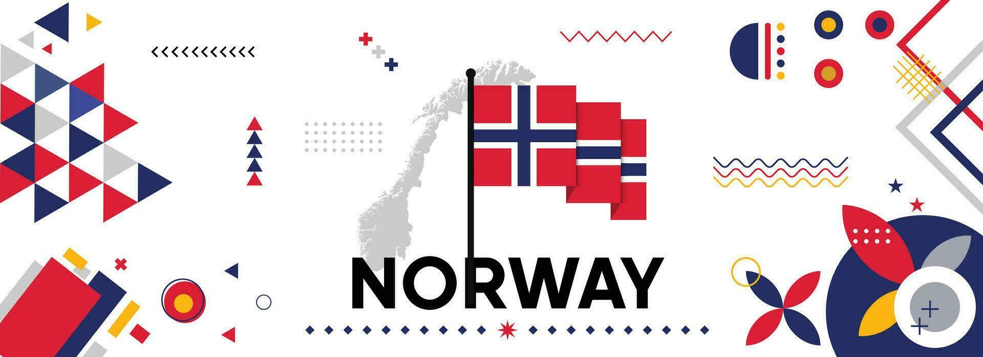 Norwegen National oder Unabhängigkeit Tag Banner zum Land Feier. Flagge und Karte von Norwegen mit modern retro Design mit Typorgaphie abstrakt geometrisch Symbole. Vektor Illustration.