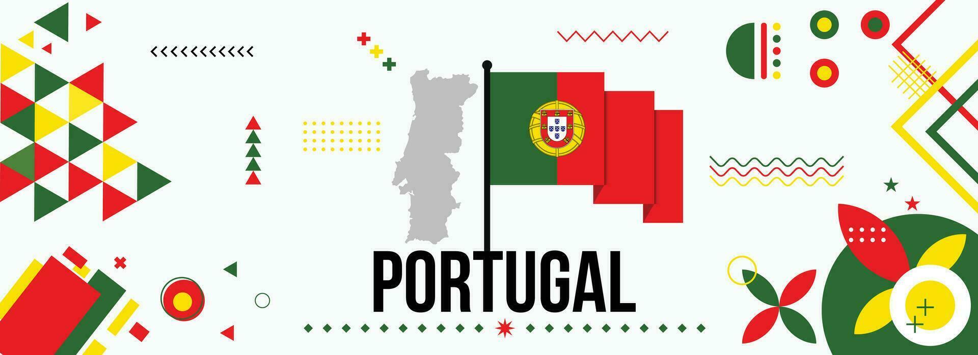 portugal nationell eller oberoende dag baner för Land firande. flagga och Karta av portugal med Uppfostrad nävar. modern retro design med typorgaphy abstrakt geometrisk ikoner. vektor illustration.