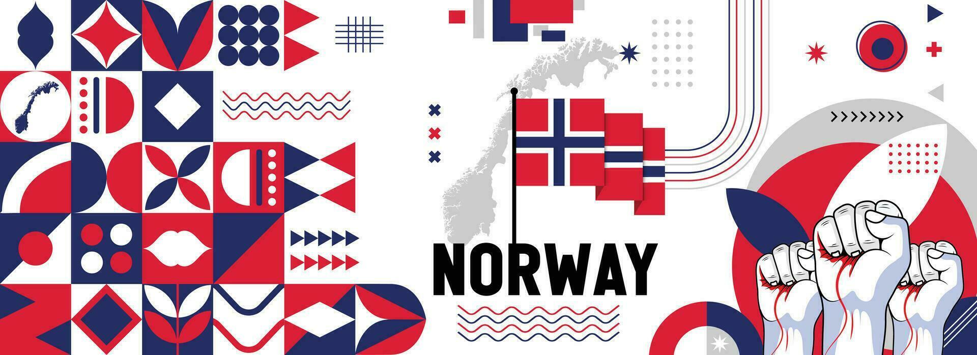 Norwegen National oder Unabhängigkeit Tag Banner zum Land Feier. Flagge und Karte von Norwegen mit angehoben Fäuste. modern retro Design mit Typorgaphie abstrakt geometrisch Symbole. Vektor Illustration