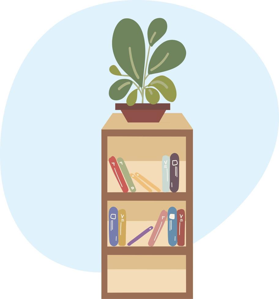 bokhylla med böcker och växter på. heminredning möbler. vektor