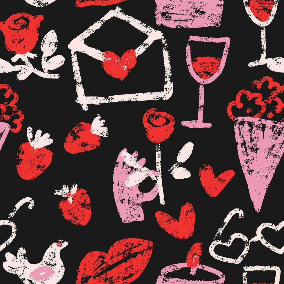 valentine s dag Semester sömlös bakgrund med romantisk element i klotter stil krita skiss konst. grov texturerad mönster på svart bakgrund med träkol pastell freehand teckning. vektor