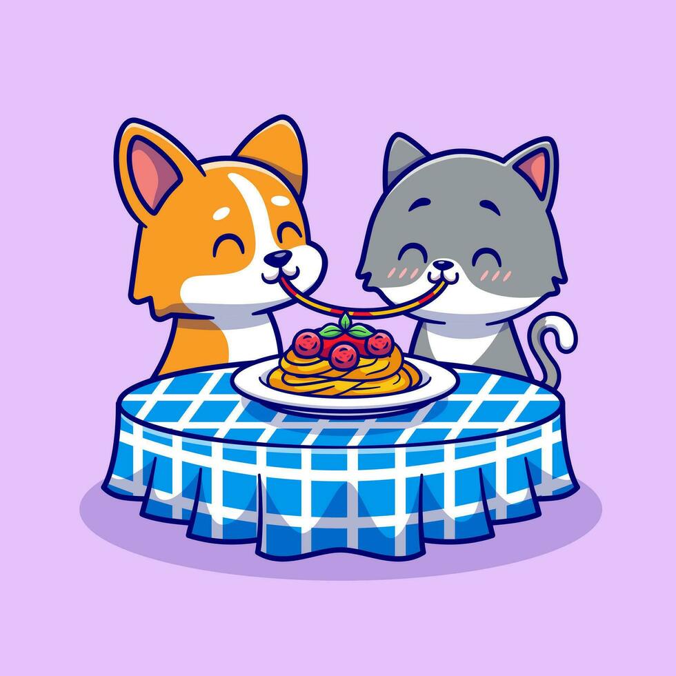 süß Paar Katze und Corgi Hund Essen Spaghetti zusammen Karikatur Vektor Symbol Illustration. Tier Essen Symbol Konzept isoliert Prämie Vektor. eben Karikatur Stil