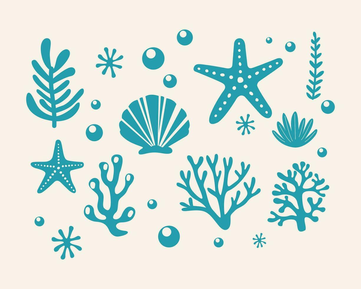 Marine Leben Illustration Muster Vektor Koralle, Hülse, Jakobsmuschel, Seestern, tief Meer Hintergrund Layout Silhouette druckbar