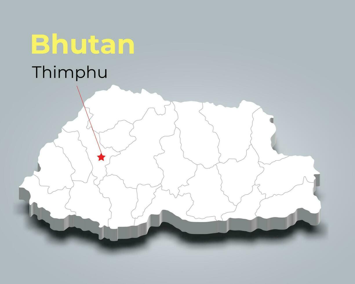 Bhutan 3d Karte mit Grenzen von Regionen und es ist Hauptstadt vektor