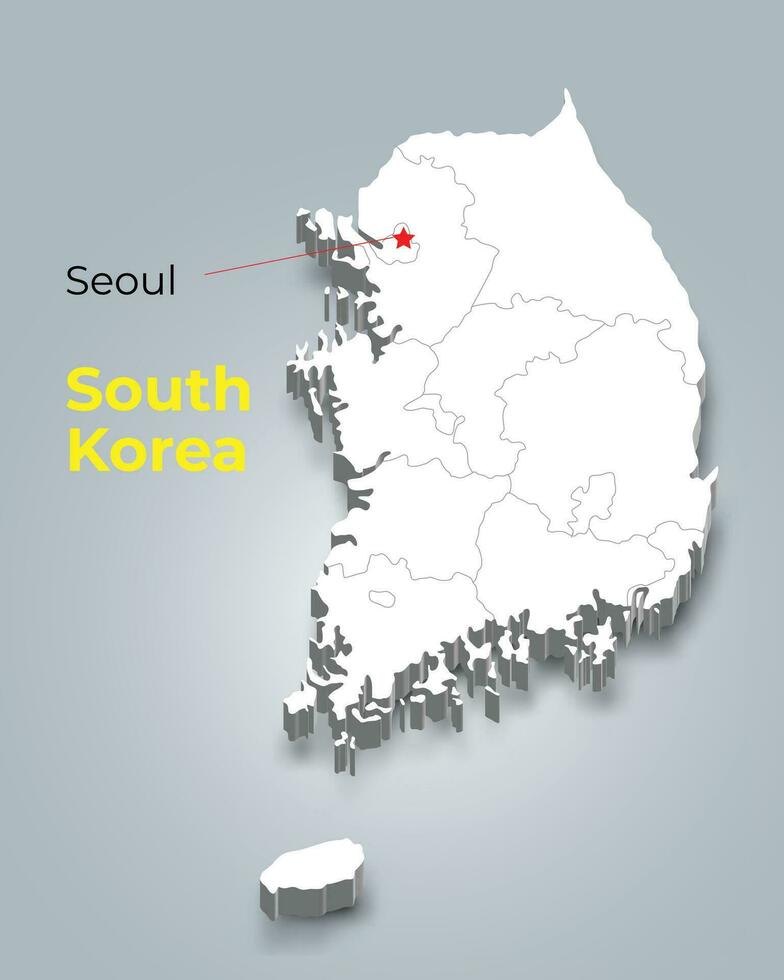 söder korea 3d Karta med gränser av regioner och dess huvudstad vektor