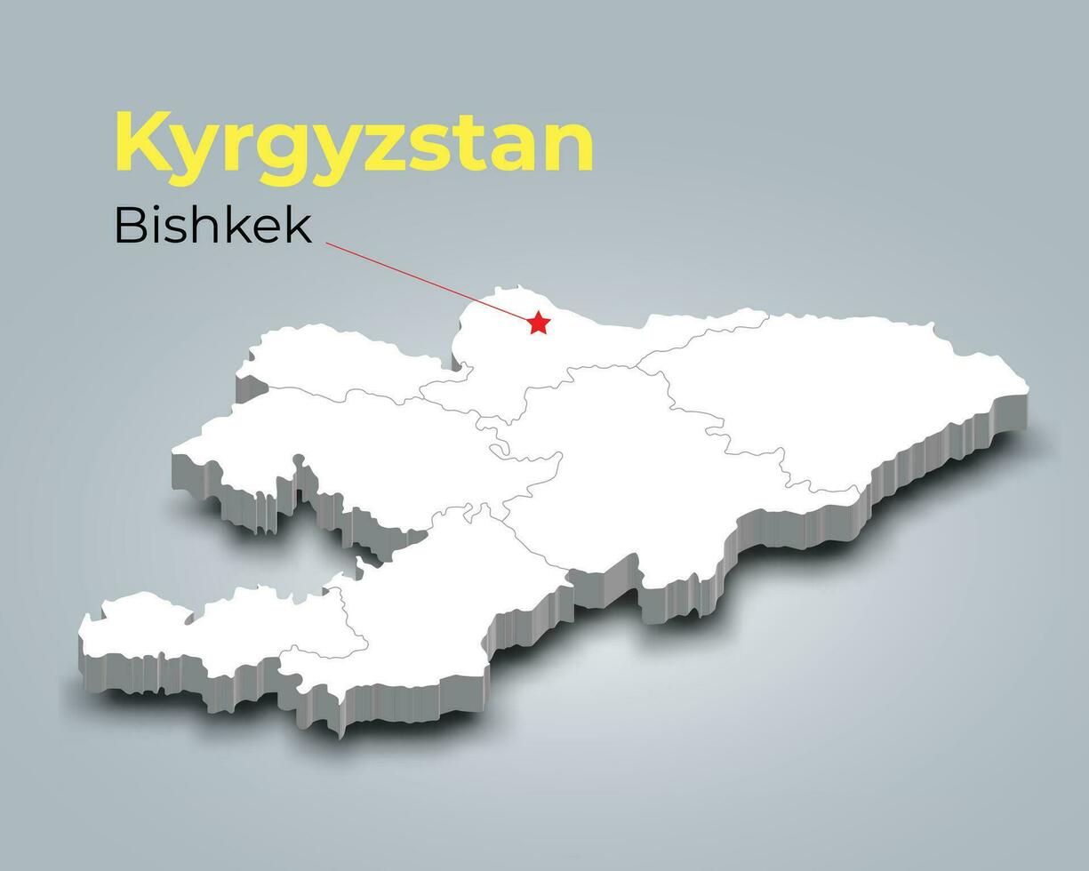 kyrgyzstan 3d Karta med gränser av regioner och dess huvudstad vektor