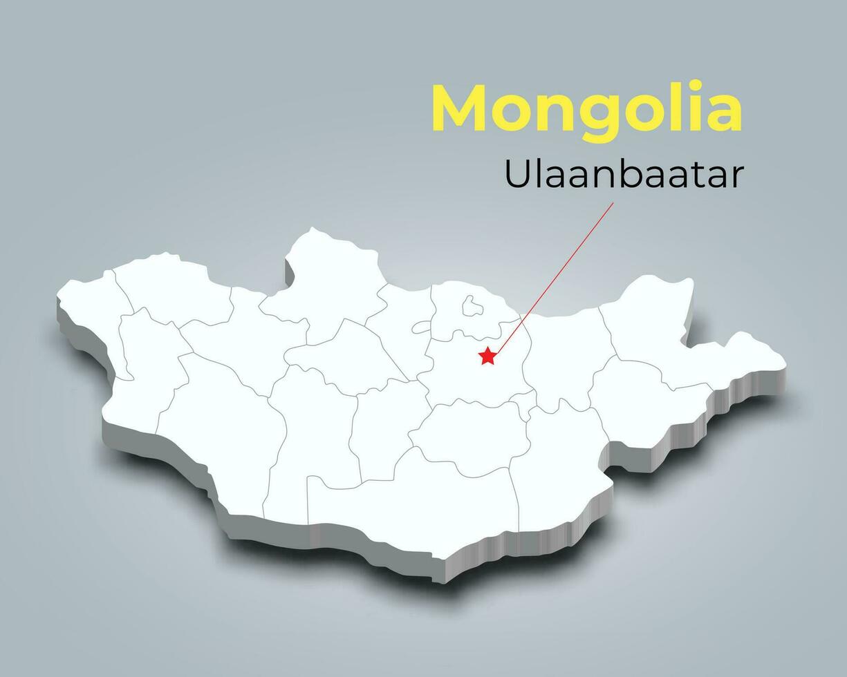 mongoliet 3d Karta med gränser av regioner och dess huvudstad vektor