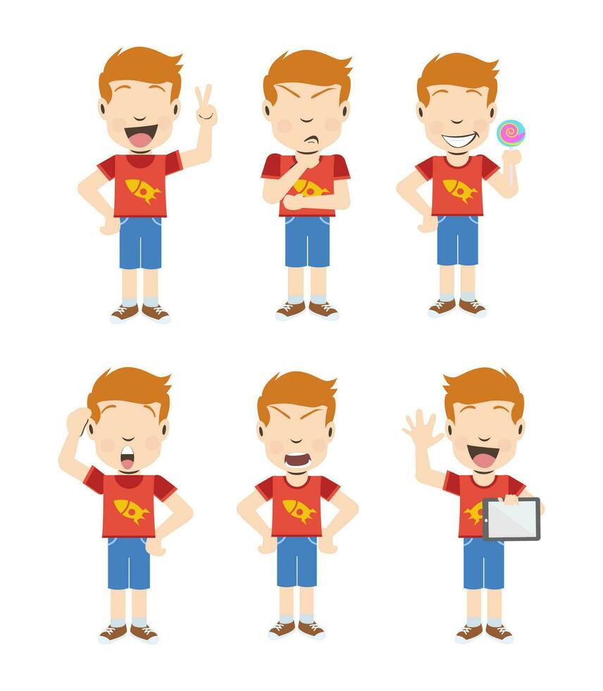 barn serier en uppsättning av sex dynamisk illustrationer fångande de barns tecknad serie karaktär, klädd i en glad röd t-shirt och blå byxor. vektor