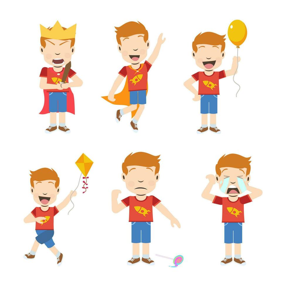 leende barn samling en härlig sortiment av sex tecknad serie bilder terar en Lycklig barn karaktär sportslig en röd t-shirt och blå byxor i annorlunda glad scenarier. vektor