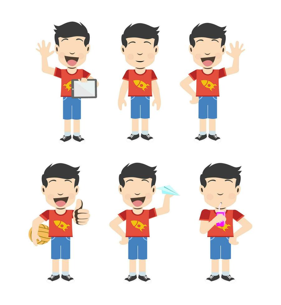 Karikatur Kind Sammlung ein einstellen von sechs einfach Bilder mit ein Kinder- Karikatur Charakter anziehen ein rot T-Shirt und Blau Hose. vektor
