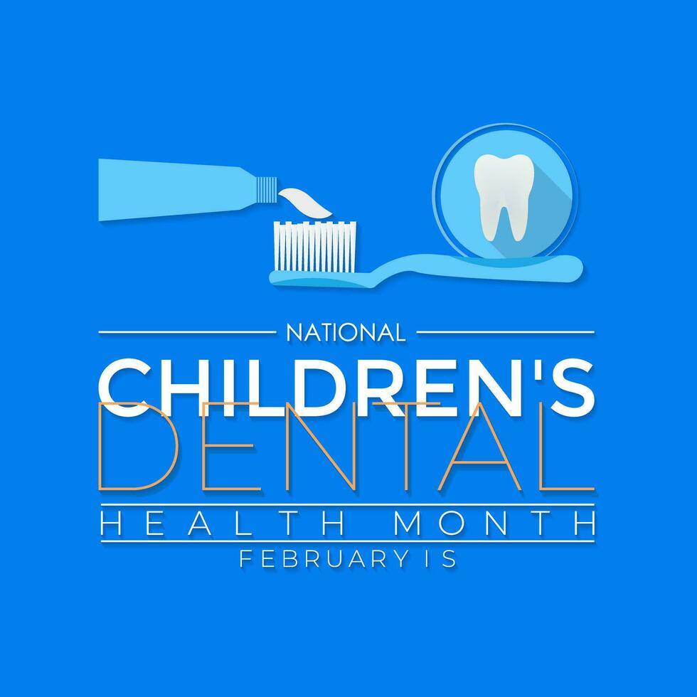 National Kinder s Dental Gesundheit Monat . Das ,S Tag Bewusstsein schützen Zähne und fördern gut Gesundheit, Verhütung von Dental Karies im Kinder. Vektor Illustration. Banner, Poster, Karte