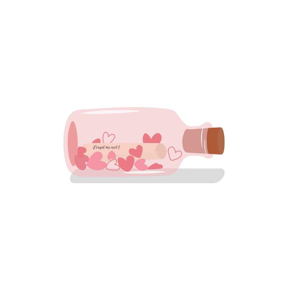 Liebe Botschaft und Herzen im ein Flasche eben Vektor Illustration isoliert auf Weiß Hintergrund. Element zum Valentinstag Tag Konzept. Kritzeleien Clip Kunst im Karikatur Stil. glücklich Valentinstag Tag.