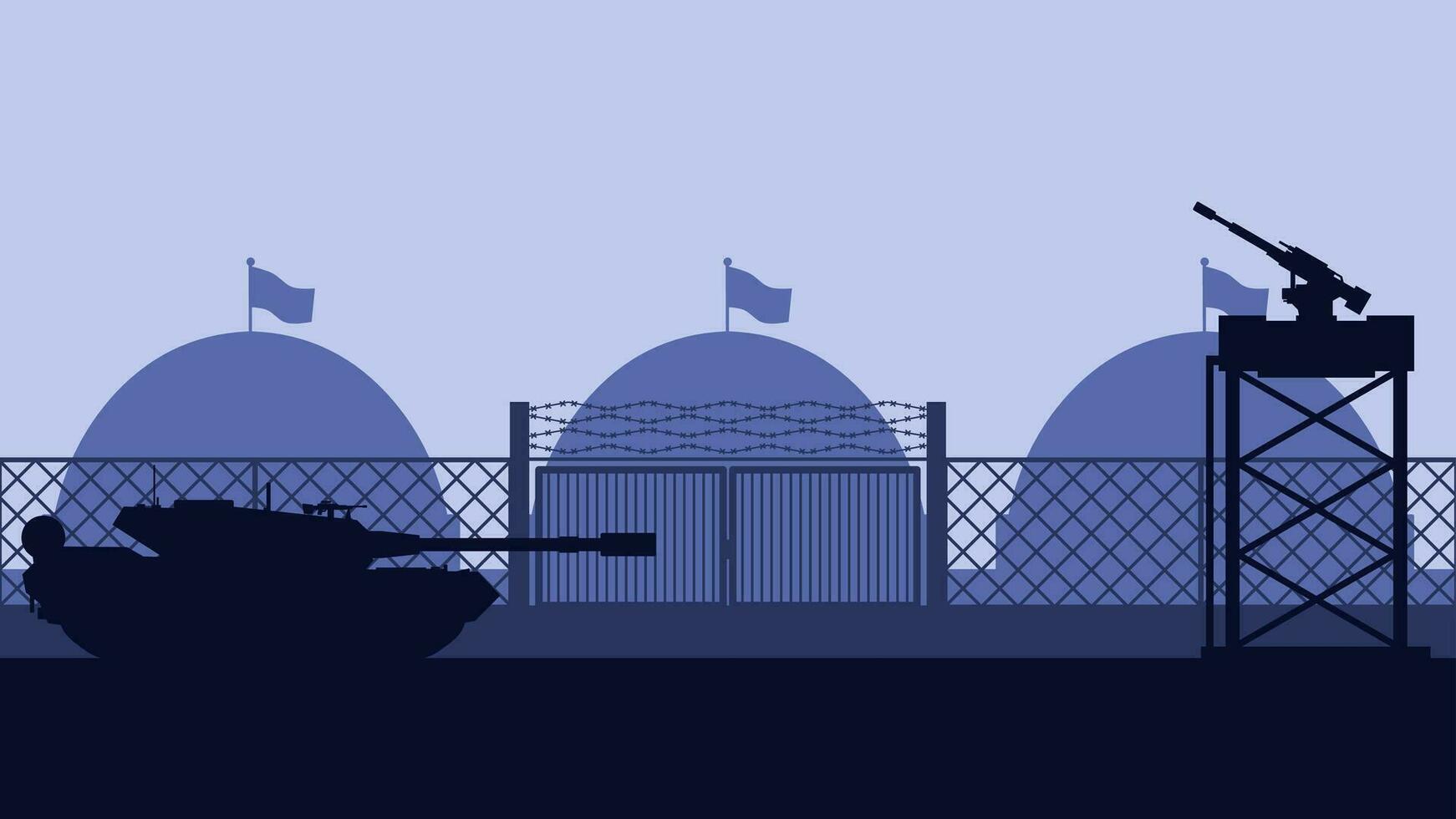 militär bas landskap vektor illustration. silhuett av militär bas Port med tank och vakttorn. militär landskap för bakgrund, tapet eller illustration. armén Träning fält illustration