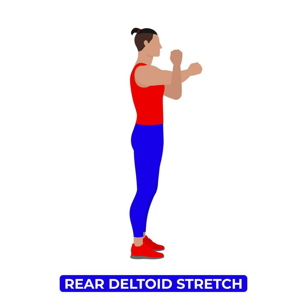 Vektor Mann tun Rückseite Deltamuskel Schulter strecken. Kreuz Körper erreichen. ein lehrreich Illustration auf ein Weiß Hintergrund.