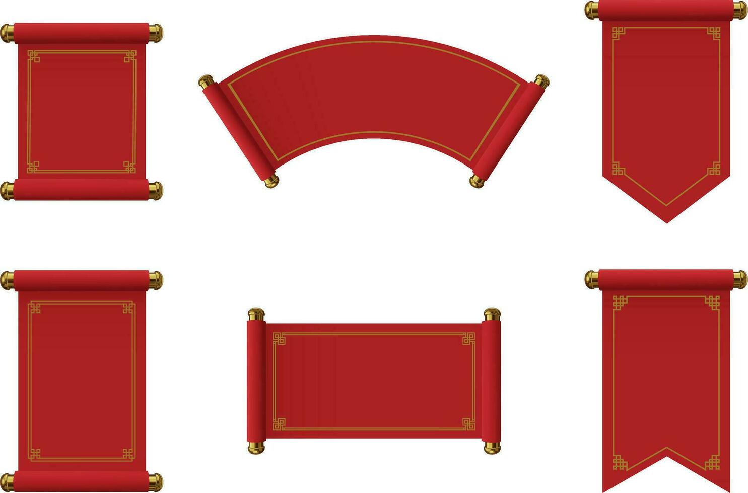 rot und Gold Chinesisch Schriftrollen. einstellen von isoliert rot Pergamente mit Gold Dekorationen vektor
