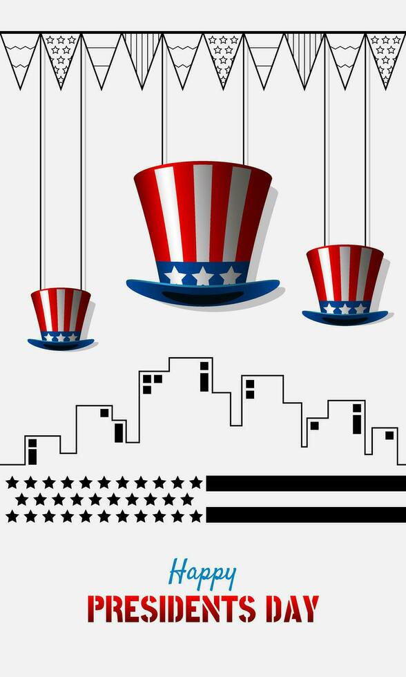 glücklich Präsidenten Tag Poster mit hängend Hut und Stadt Hintergrund im Gliederung Stil vektor