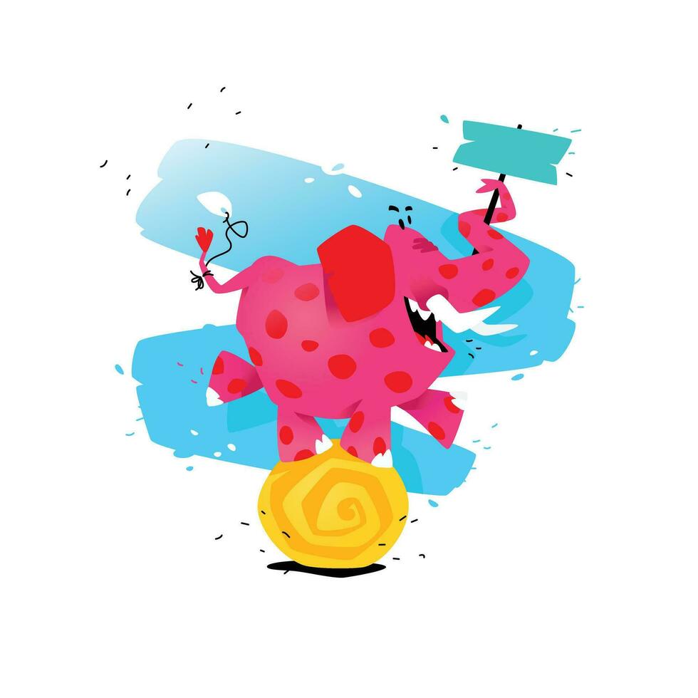 Illustration von ein Karikatur Rosa Elefant auf ein Ball. Vektor Illustration. Bild ist isoliert auf Weiß Hintergrund. Illustration zum ein Banner, Glückwunsch, Urlaub, Kinder- Geschäft. Maskottchen.