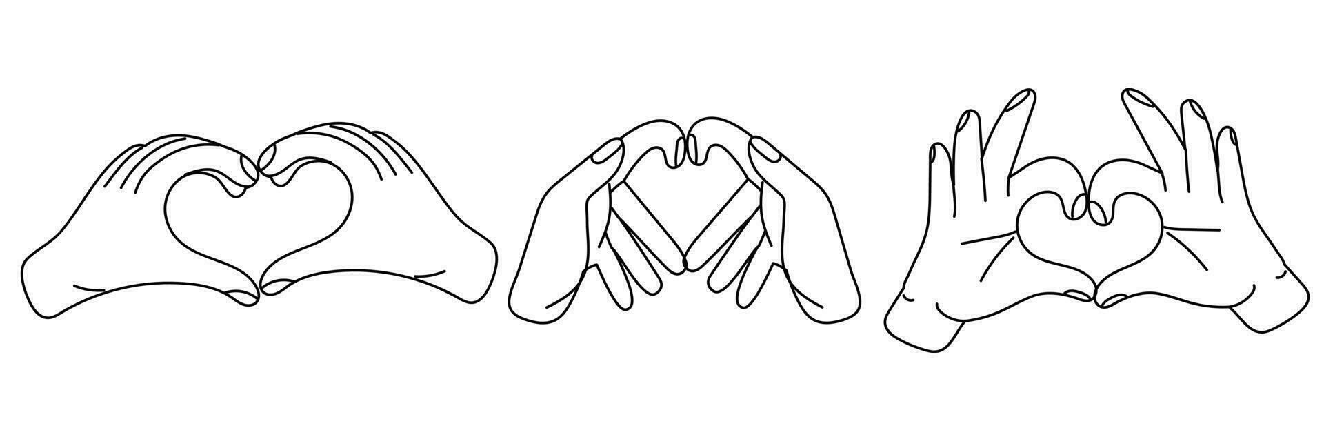 en par av händer med en hjärta tecken indikerar jag kärlek du. hjärtans dag bilder, hjärta former med ett hand. konturerad händer Ansluta sig på de hjärta. ett person visar kärlek för andra vektor