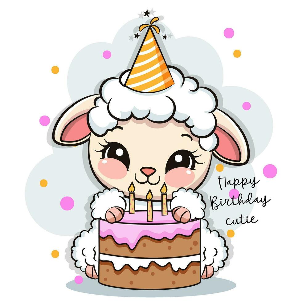 glücklich Geburtstag süß Schaf mit Kuchen. vektor