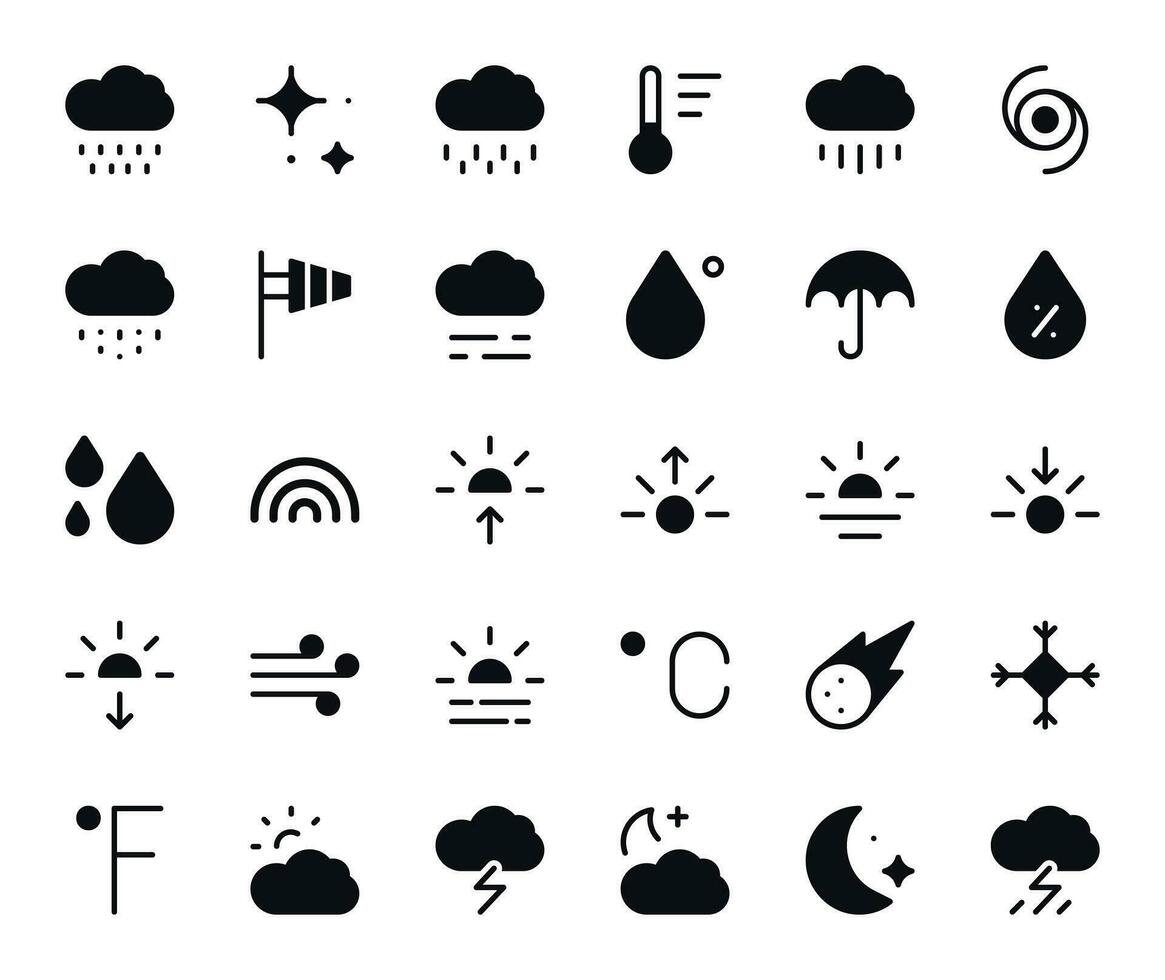 väder ikoner uppsättning - meteorologi prognos symboler vektor samling