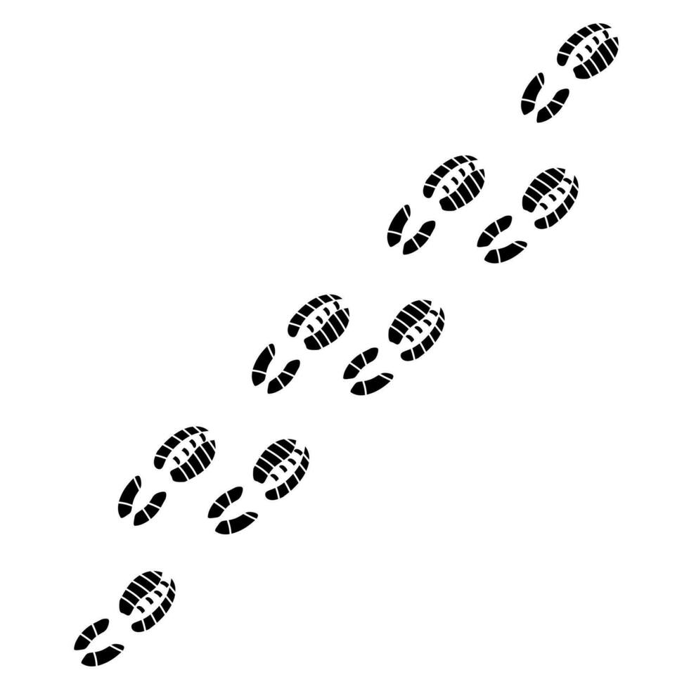 Vektor Laufen Schuh drucken auf Weiß Hintergrund. Fußabdrücke von Turnschuhe. Silhouette von Felsen Klettern und Betrieb.