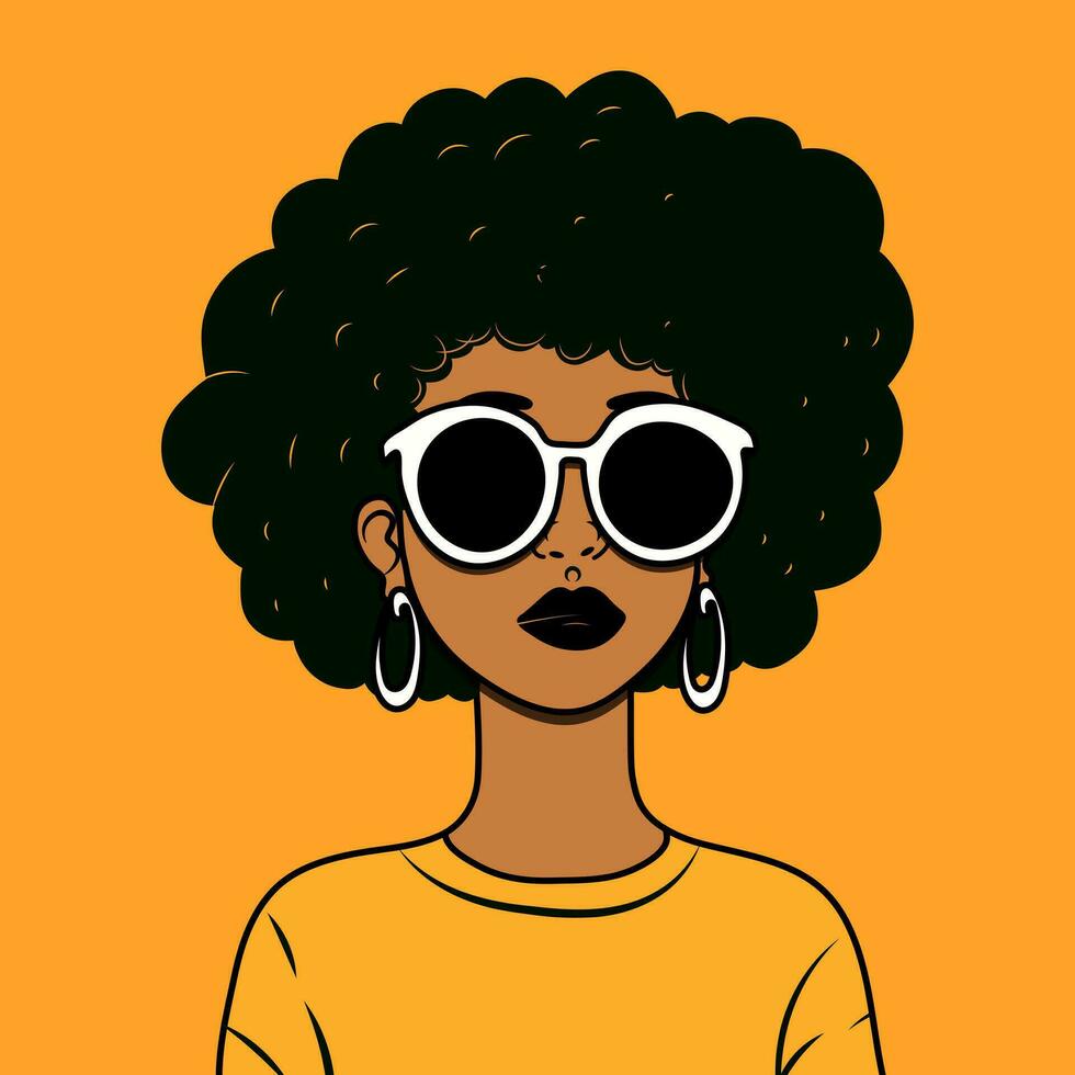 afrikansk amerikan Söt kvinna i solglasögon. kvinna vektor porträtt. förtroende flicka med mörk hud och lockigt hår