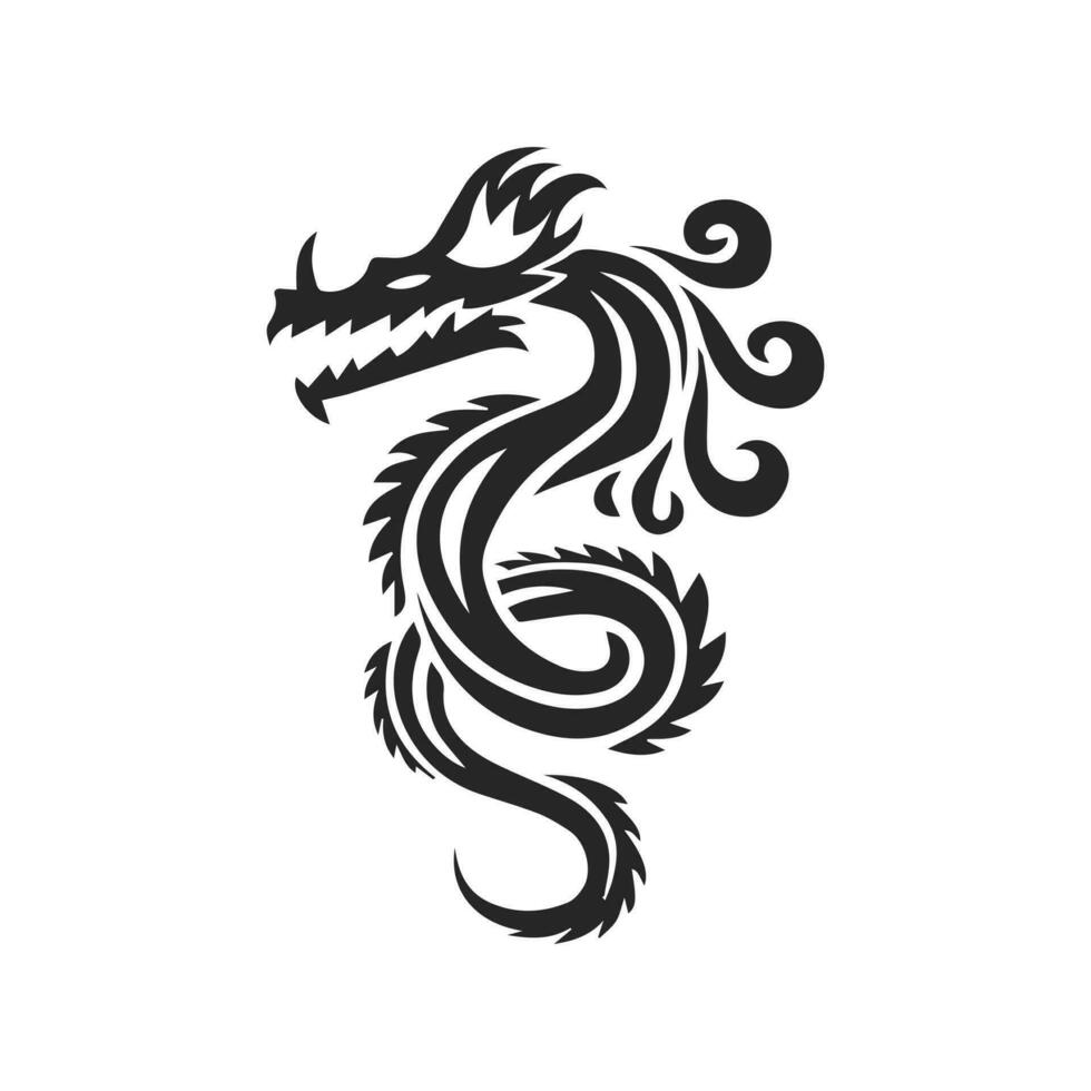 schwarz Silhouette von ein Chinesisch Drachen auf ein Weiß Hintergrund. Drachen mit Ornament. Logo, Tätowierung. Vektor