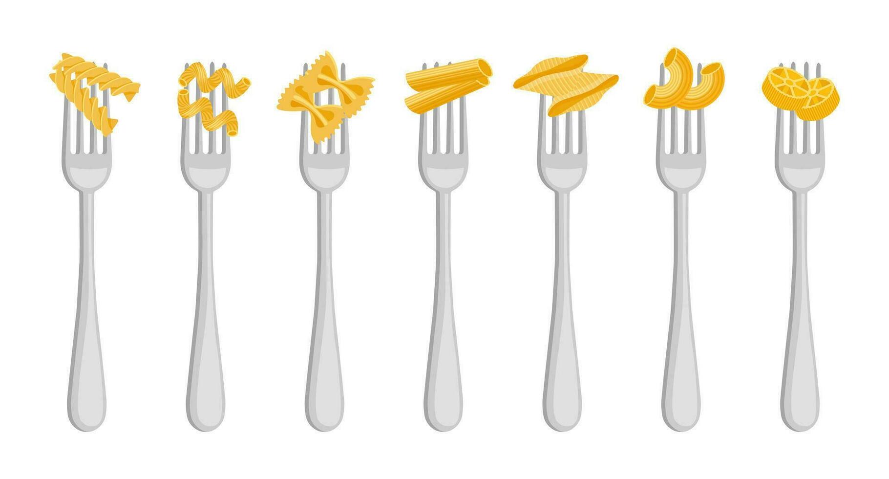 einstellen von Gabeln mit Spaghetti und Pasta auf ein Weiß Hintergrund. Essen Logos, Restaurant Speisekarte Symbole. Vektor