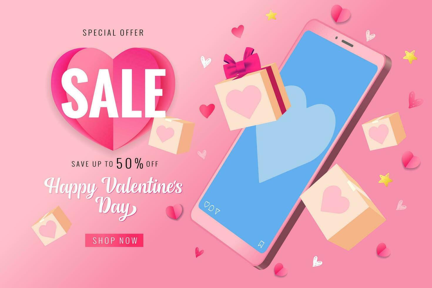 Smartphone und Geschenk Kisten zum Liebhaber, Valentinstag Tag Verkauf Banner. 3d Elemente. kreativ Design. vektor