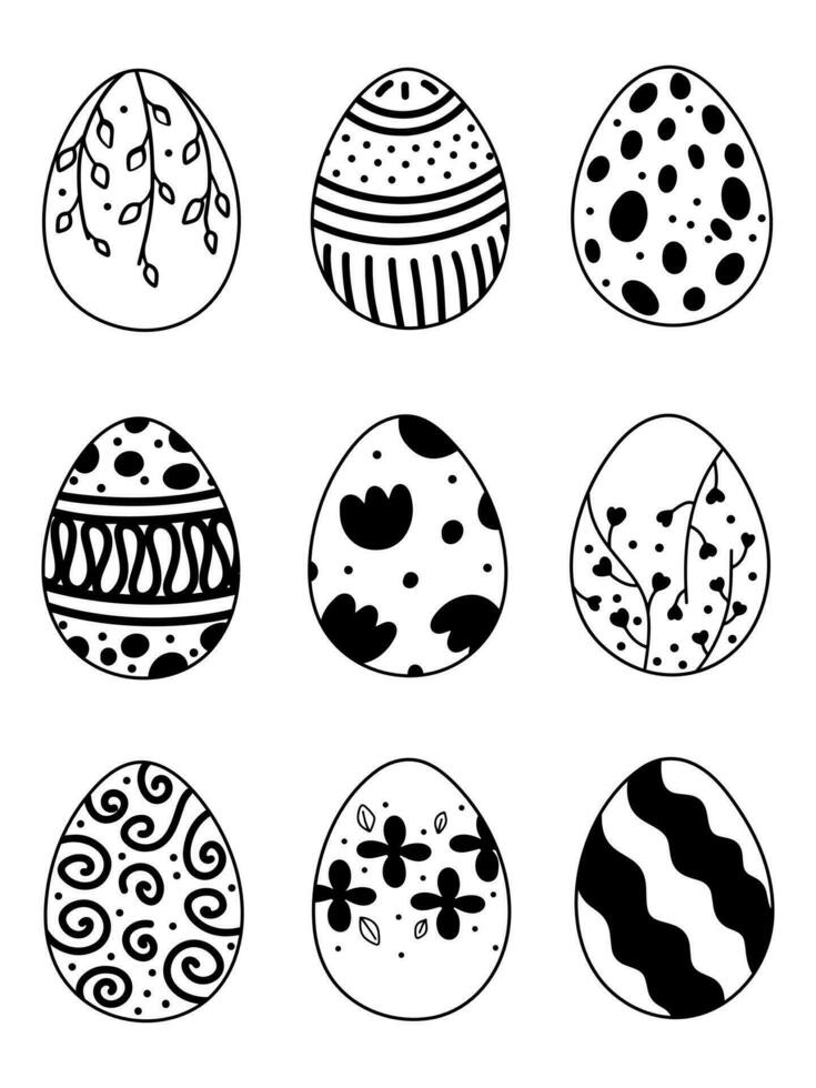 Ostern Eier dekoriert mit Ornamente und Blumen. schwarz und Weiß Bilder von Ostern Eier. Gekritzel Stil vektor