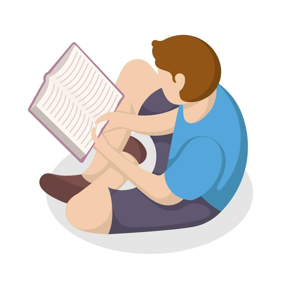 Mann Sitzung und lesen ein Buch isometrisch. Bildung Hobby Konzept. Vektor Illustration