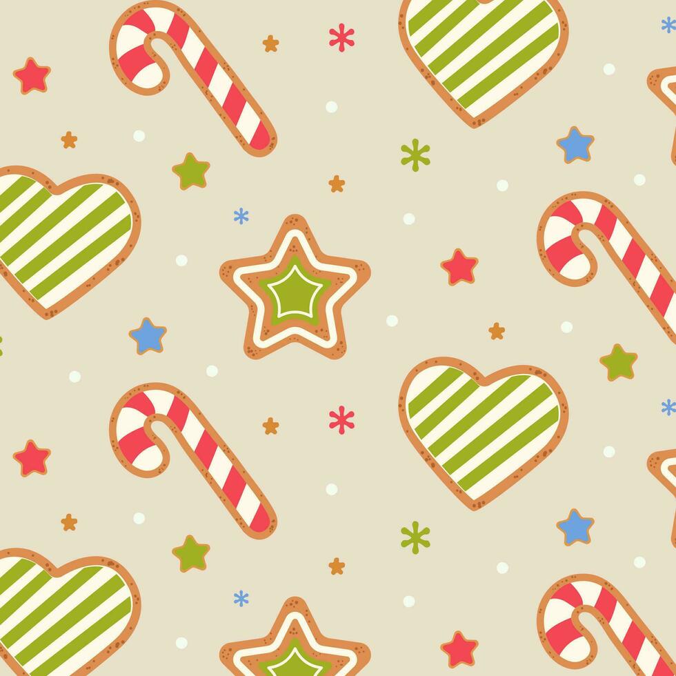 nahtlos Muster mit süß Weihnachten Lebkuchen Kekse. Süßigkeiten Stock, Herz, Stern, Lebkuchen auf ein Beige Hintergrund. Vektor Illustration