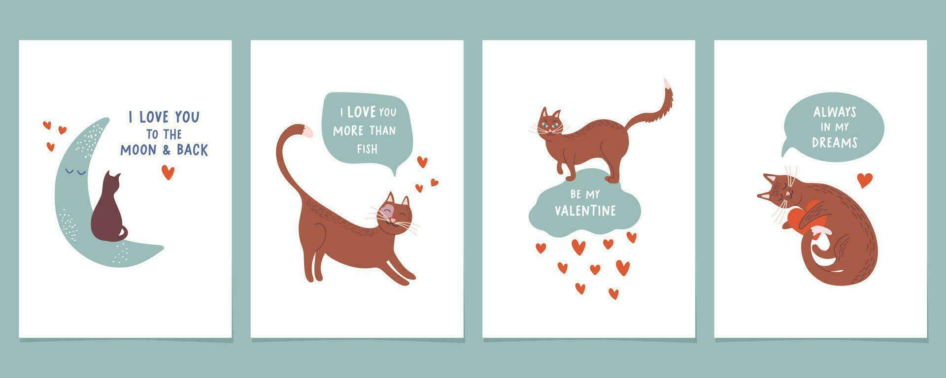 Lycklig hjärtans dag. söt romantisk kort mallar med katter, hjärtan och förklaringar av kärlek. rolig Semester grafik. platt stil vektor illustrationer.