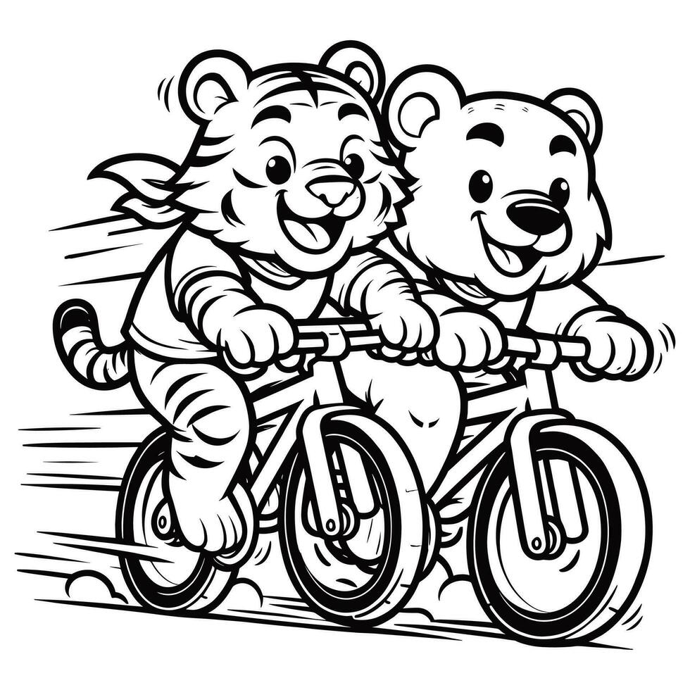 färg sida översikt av tiger och Björn ridning en cykel. tävlings tecknad serie illustration. vektor