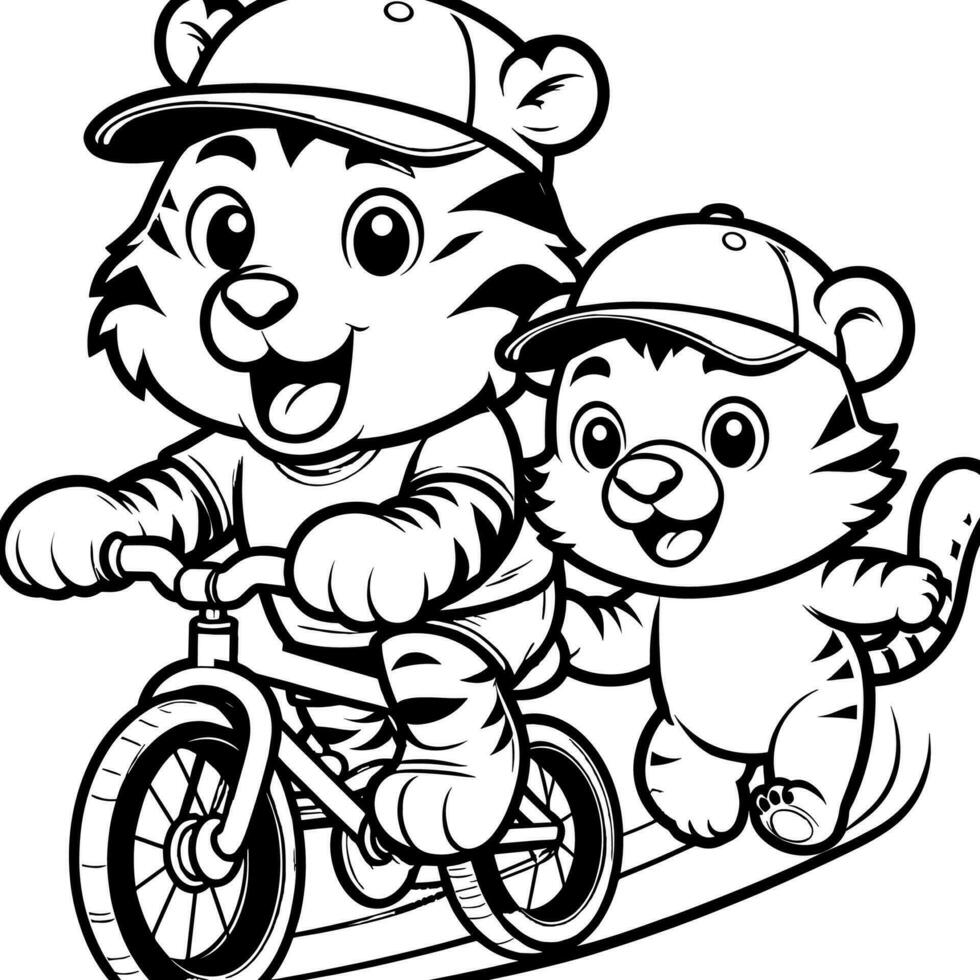 färg sida översikt av tiger och Björn ridning en cykel. tävlings tecknad serie illustration. vektor