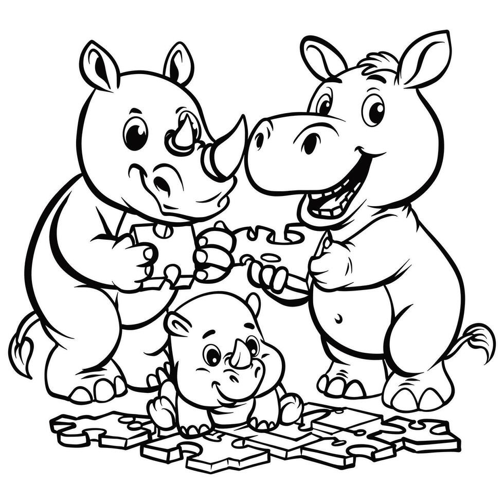 Färbung Seiten von Nashorn und Nilpferd spielen Puzzle vektor