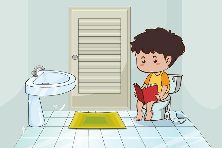 Pojke läser bok på toaletten vektor