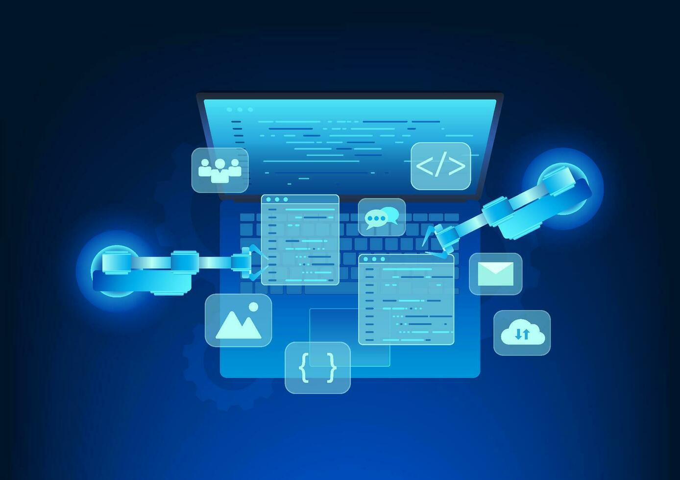 programvara teknologi programvara utvecklare vem skriva program använda sig av artificiell intelligens till hjälp skriva koda. Begagnade i industriell fabriker bärbar dator skärm med programvara koda och mekanisk ärm vektor