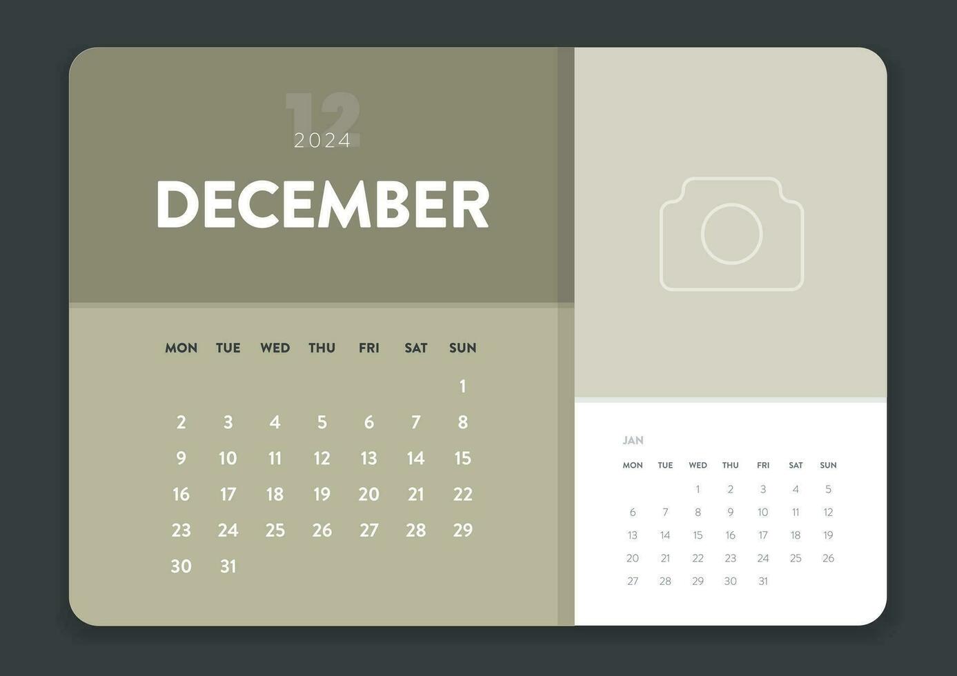 kreativ minimal företag en gång i månaden 2024 kalender mall vektor. skrivbord, vägg kalender för skriva ut, digital kalender eller planerare. vecka Start på måndag. årlig kalender layout design element. december. vektor