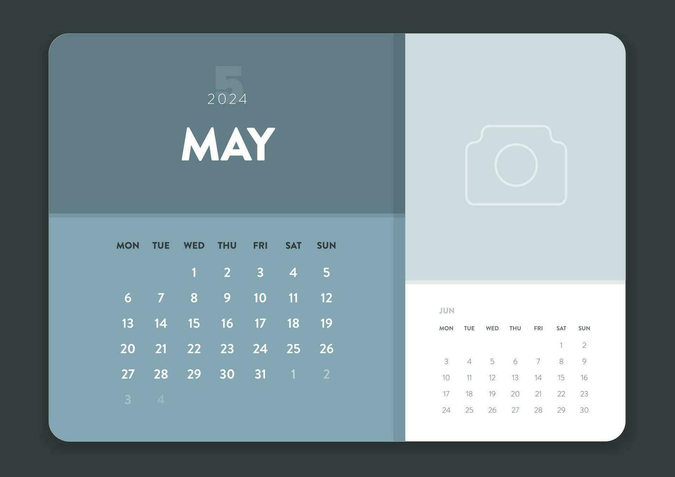 kreativ minimal företag en gång i månaden 2024 kalender mall vektor. skrivbord, vägg kalender för skriva ut, digital kalender eller planerare. vecka Start på måndag. årlig kalender layout design element. 5 Maj. vektor
