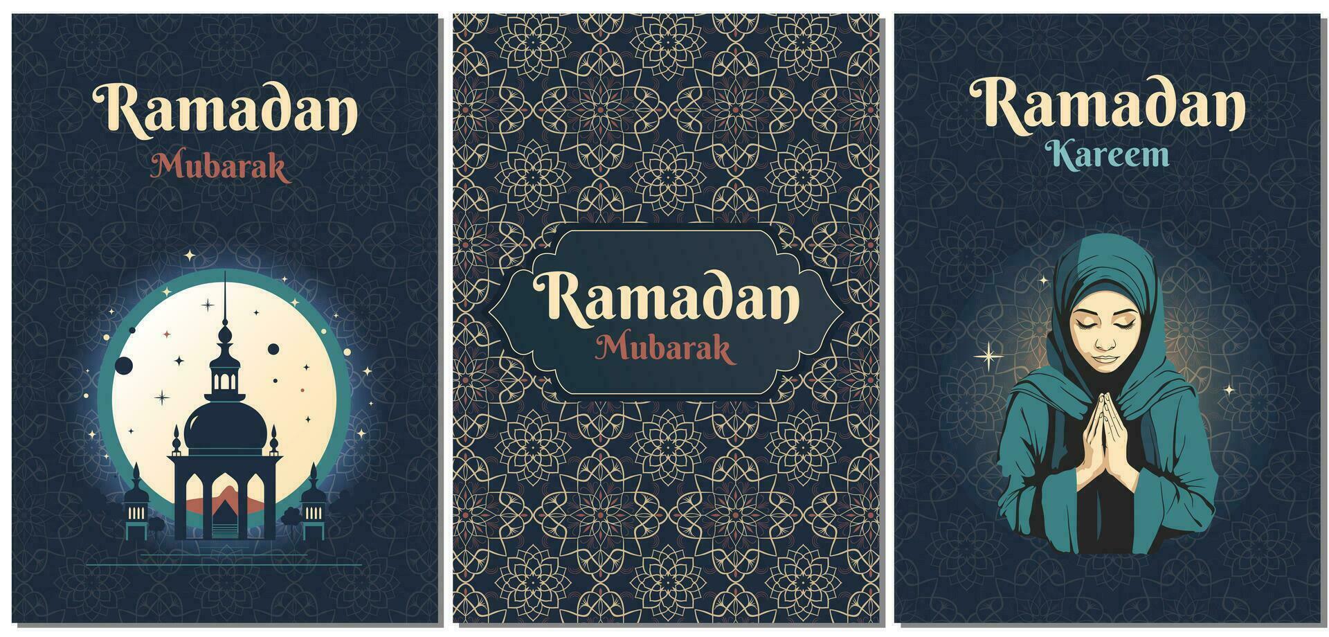 uppsättning av islamic hälsning kort, ramadan mall. ramadan kareem. affisch, media baner. vektor