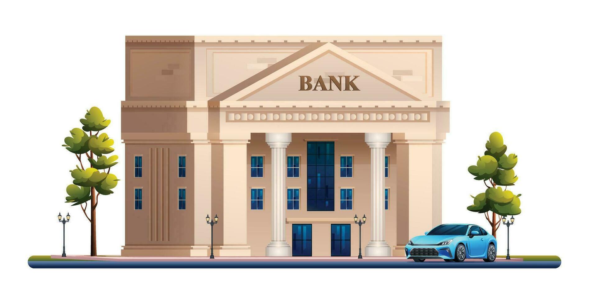 Bank Gebäude mit Wagen. Vektor Illustration isoliert auf Weiß Hintergrund