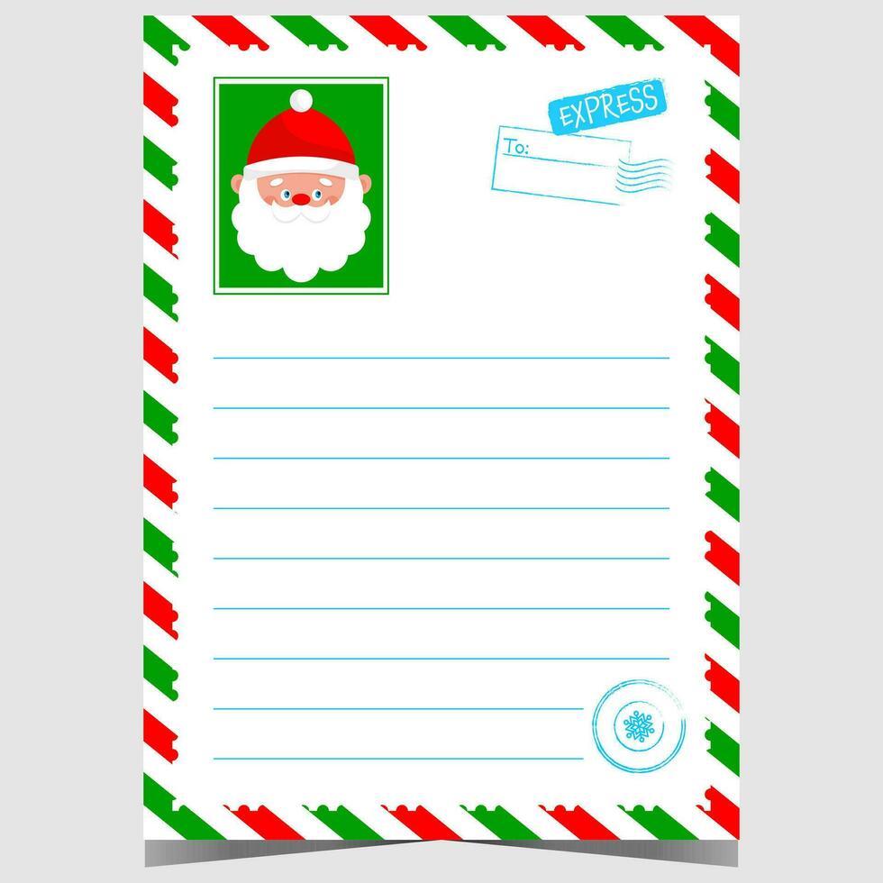 Weihnachten Brief Vorlage mit Karikatur Santa Charakter Porträt und Norden Pole Briefmarke. Vektor Design von Weihnachten Brief zum Kinder zu schreiben ein Botschaft zu Santa während Winter Feiertage.