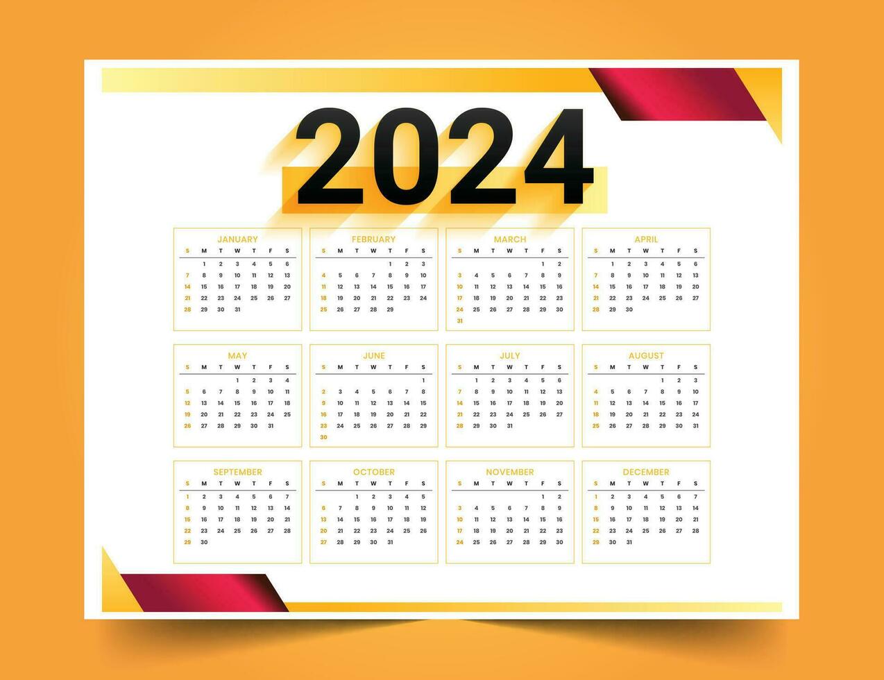 glücklich Neu Jahr 2024 Englisch Kalender Vorlage mit Wochen und Tage vektor
