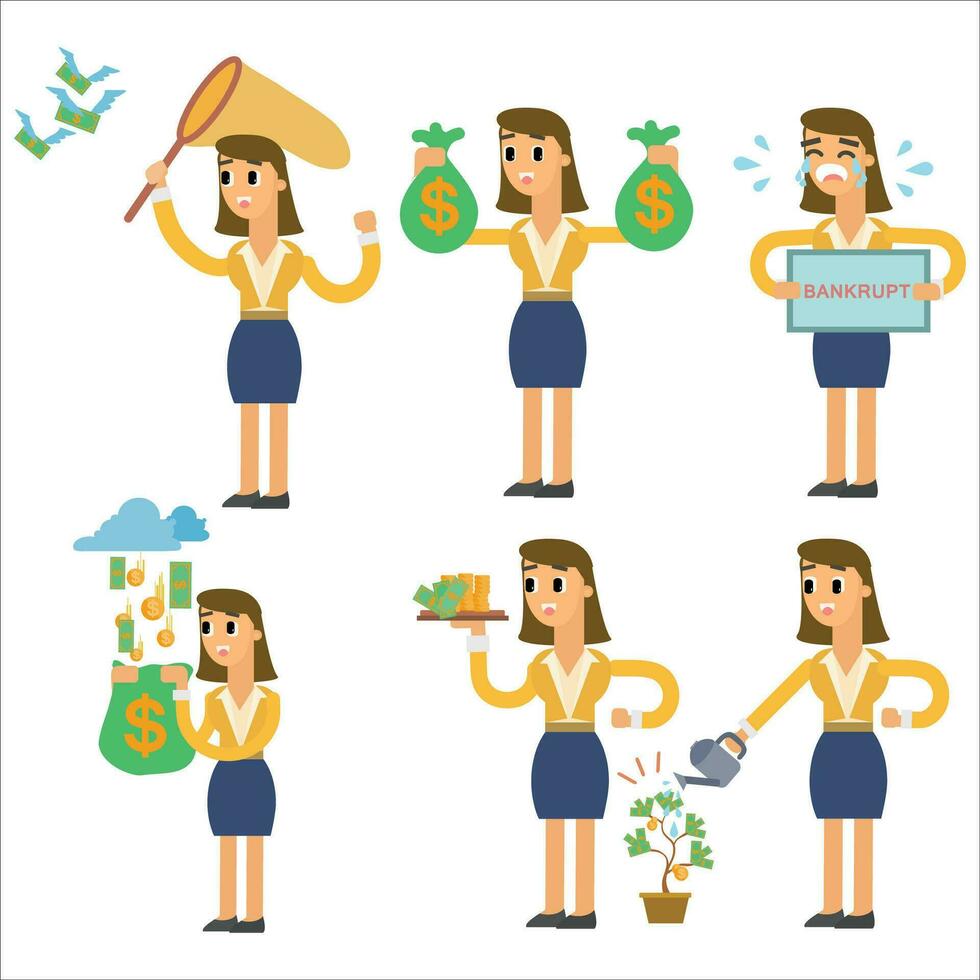 Geschäftsfrau Charakter Vektor Satz. Geschäftsfrau mit Geld, Bewässerung dürfen, Bewässerung dürfen, Münzen, Tasche von Geld.