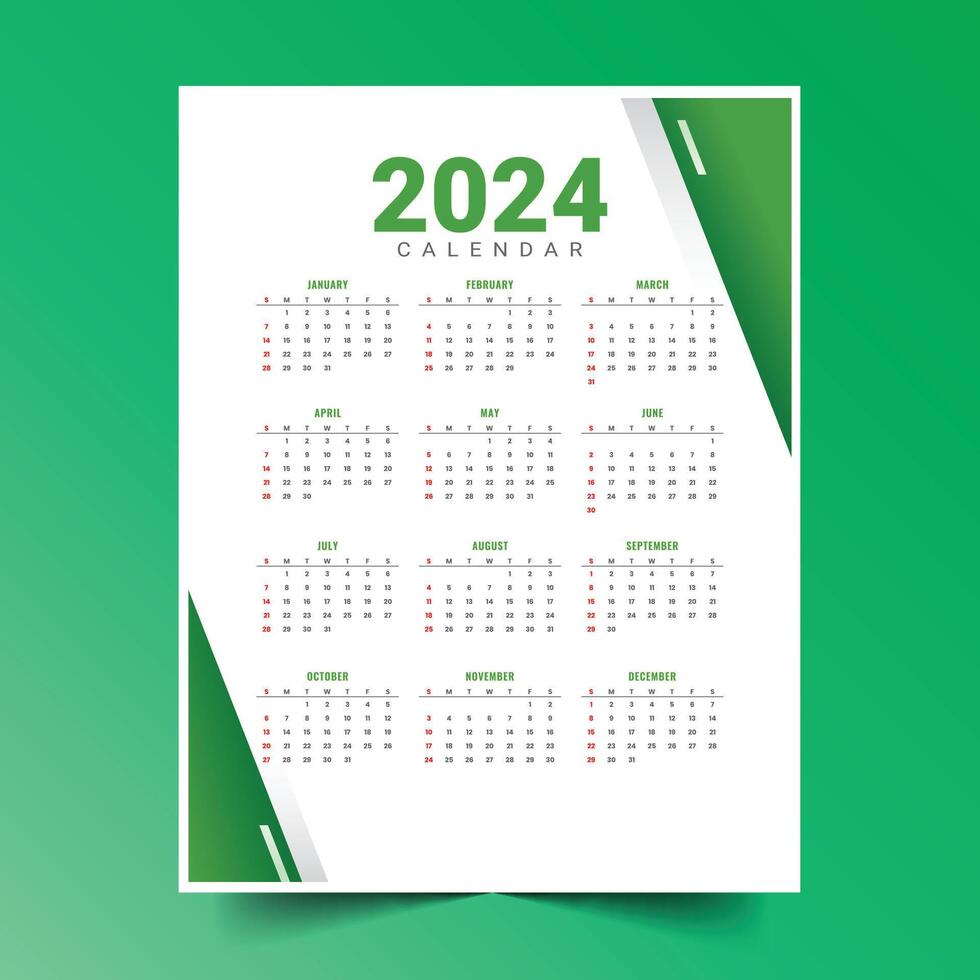 vit och grön 2024 ny år kalender layout en tryckbar design vektor