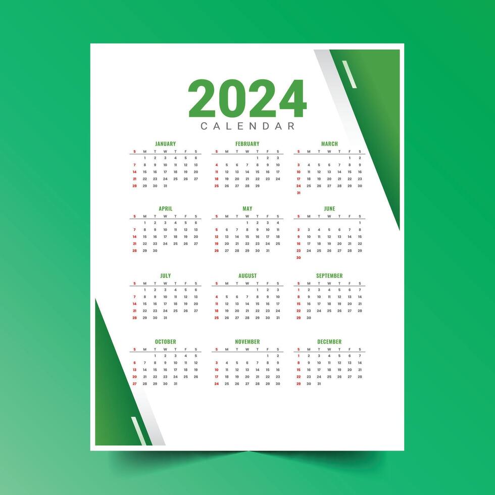 Weiß und Grün 2024 Neu Jahr Kalender Layout ein druckbar Design vektor